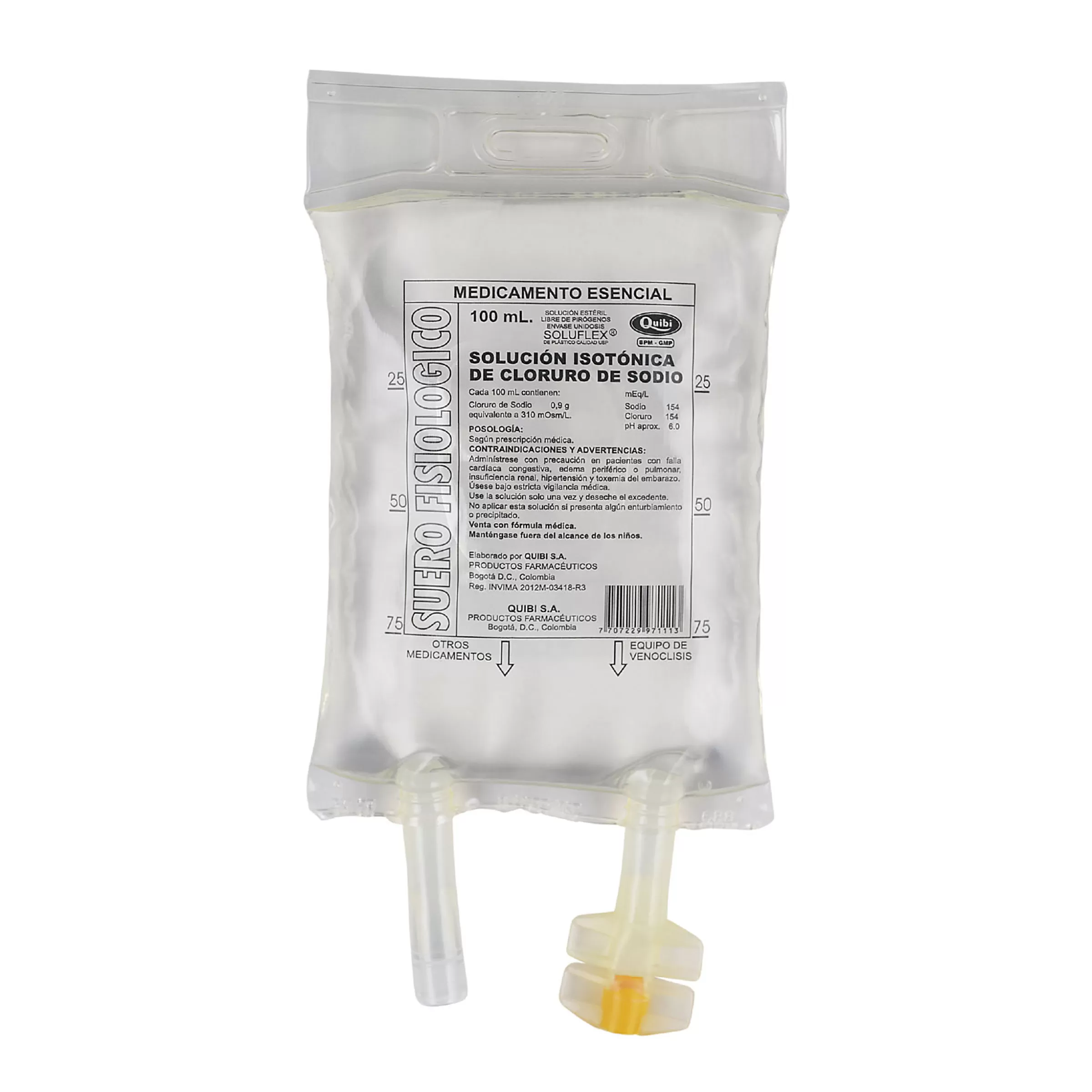 SUERO FISIÓLOGICO  100 mL 1000 X 1000 SUERO FISIOLOGICO QUIBI BOLSA 100 ML - Imagen 1
